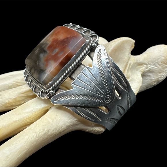 Vintage 1940s Navajo Fred Harvey Era Heavy Sterling Silver Petrified Wood Cuff - Picture 7 of 10